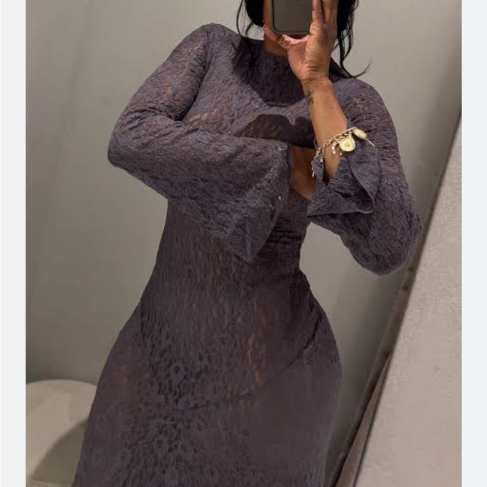 Zara Charcoal Gray Lace High-Neck Long-Sleeve Maxi Dress - Picture 5 of 7